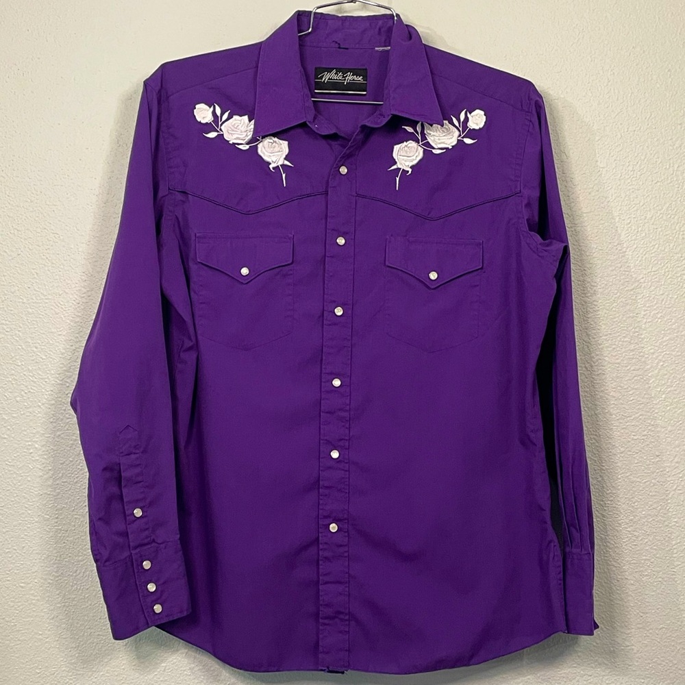 VTG White Horse purple western style pearl snap shirt w/ white roses sz L (?)
